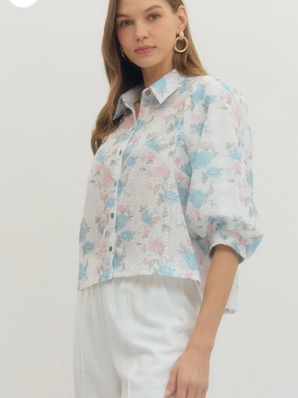 New Pastel Mint Blue & Pink Floral Eyelet Puff Sleeve Collared Blouse